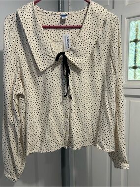 Old Navy Cream Blouse with Black Polka Dots and Tie